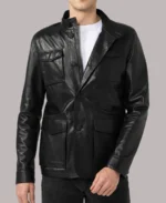 Men's Flap Pockets Black Leather Jacket