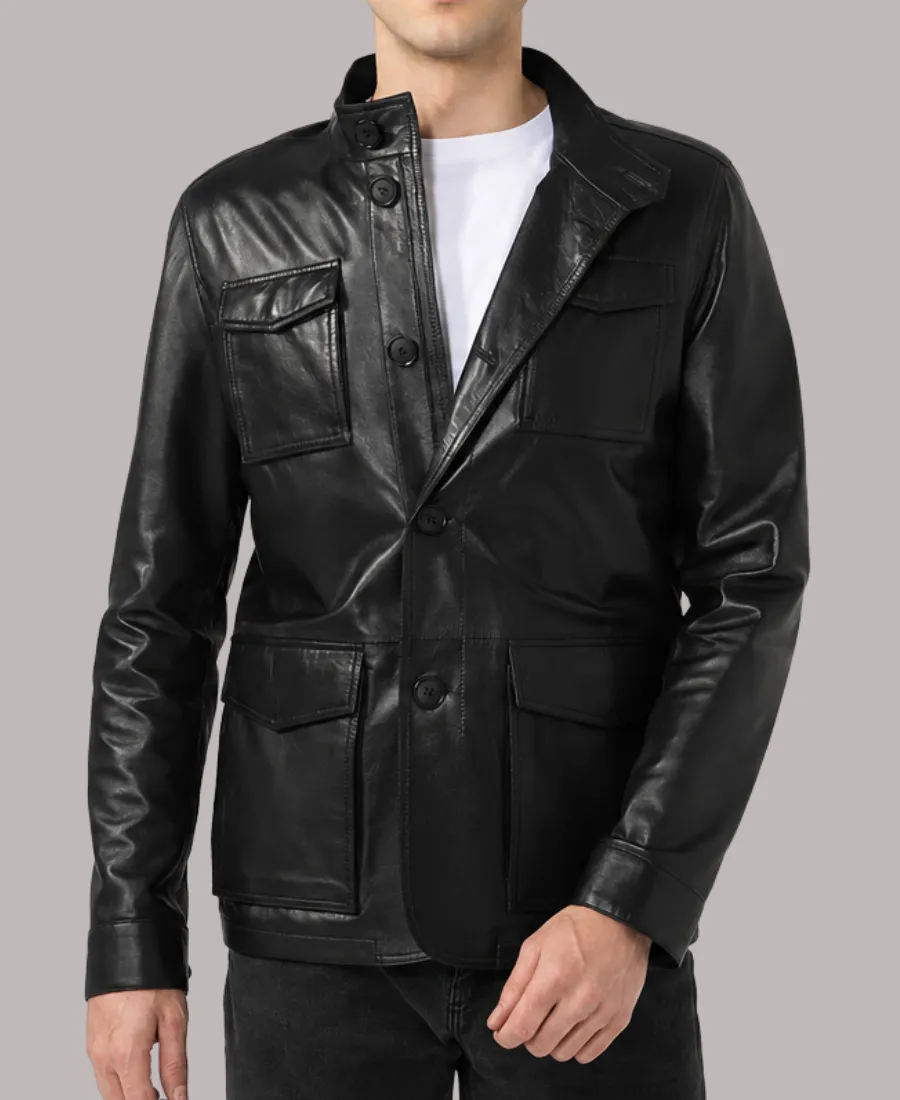 Men's Classic Flap Pockets Black Leather Jacket Men's Flap Pockets Black Leather Jacket
