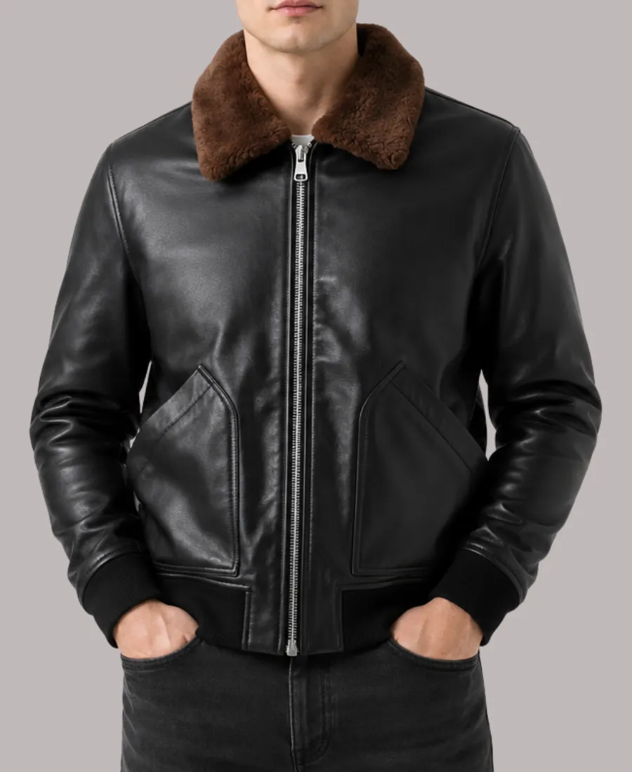 Men's Classic Shearling Black Leather Bomber Jacket Classic Shearling Black Leather Bomber Jacket