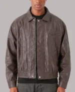 Stylish Coffee Brown Textured Leather Bomber  Jacket