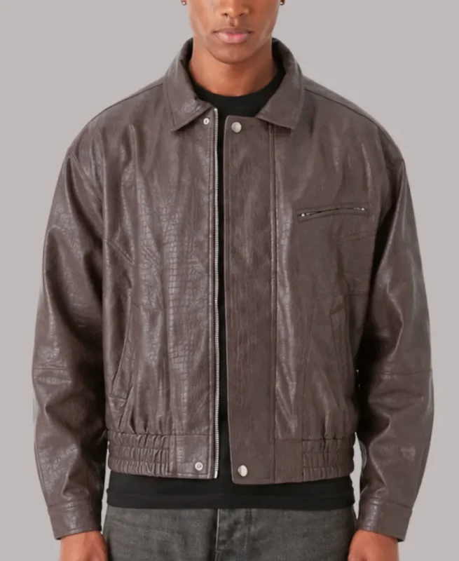 Stylish Coffee Brown Textured Leather Bomber  Jacket