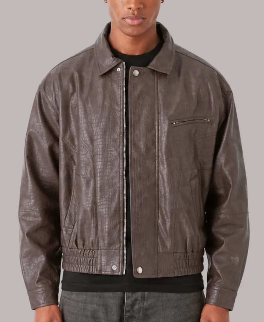 Men's Coffee Brown Textured Leather Jacket Stylish Coffee Brown Textured Leather Bomber Jacket