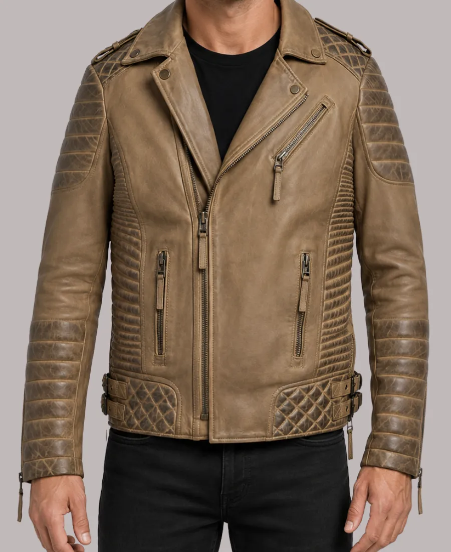 Men's Desert Brown Waxed Leather Motorbike Biker Jacket Desert Brown Waxed Leather Biker Jacket