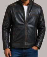 Diamond Quilted Vintage Black Distresses Leather Biker Jacket