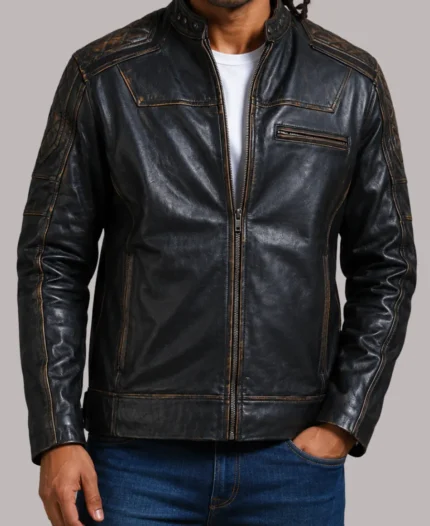 Diamond Quilted Vintage Black Distresses Leather Biker Jacket