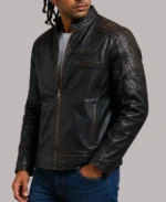 Men's Diamond Quilted Black Distresses Leather Biker Jacket