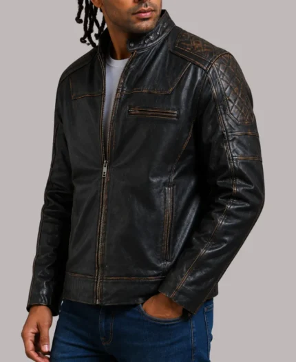Men's Diamond Quilted Black Distresses Leather Biker Jacket