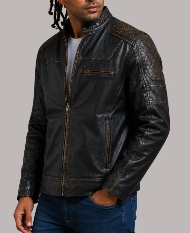 Men's Diamond Quilted Black Distresses Leather Biker Jacket