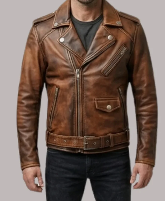 Distressed Brown Vintage Leather Biker Jacket