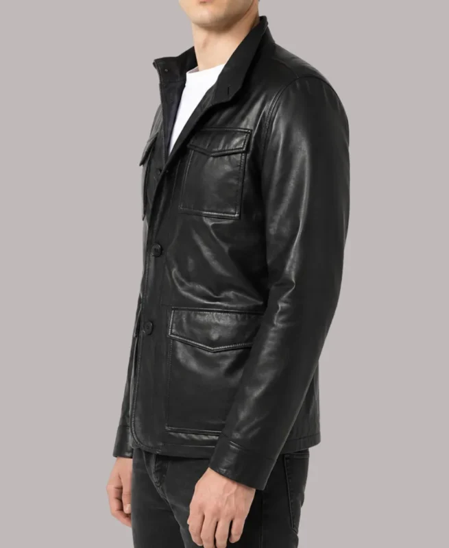 Four Flap Pockets Black Leather Jacket
