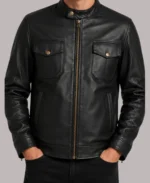 Men's Golden Zipper Four Pocket Black Leather Jacket