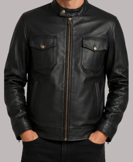 Men's Golden Zipper Four Pocket Black Leather Jacket