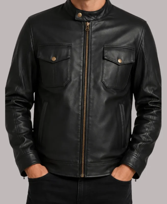 Men's Golden Zipper Four Pocket Black Leather Jacket
