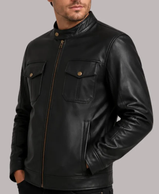Men's Four Pocket Black Leather Jacket