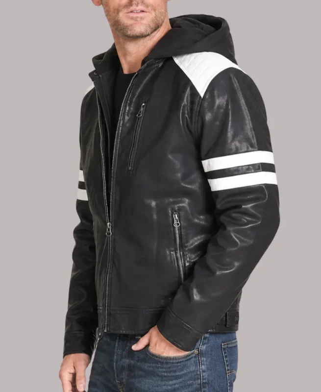 Men's Hoded Black Leather Biker Jacket
