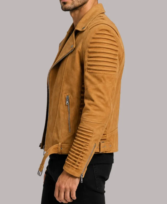 Motorcycle Camel Brown Leather Belted Hemline Jacket