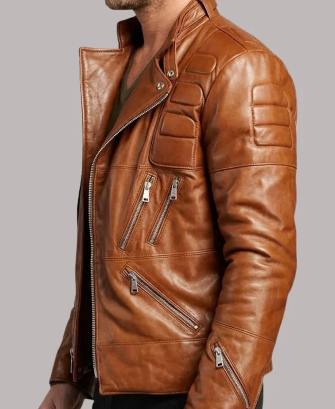 Men's Padded Brown Leather Motorcycle Jacket