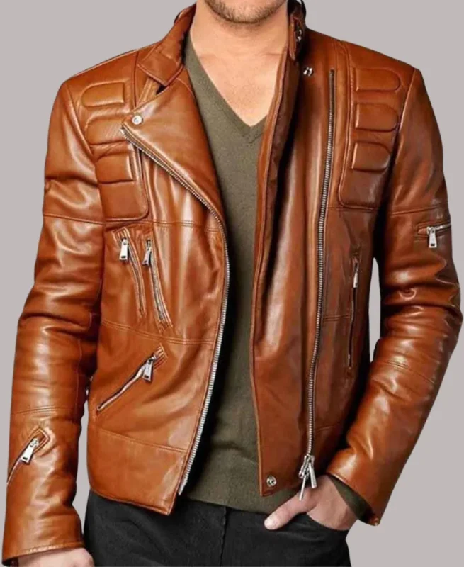 Padded Brown Leather Motorcycle Jacket