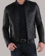 Quilted Black Snap Collar Leather Jacket