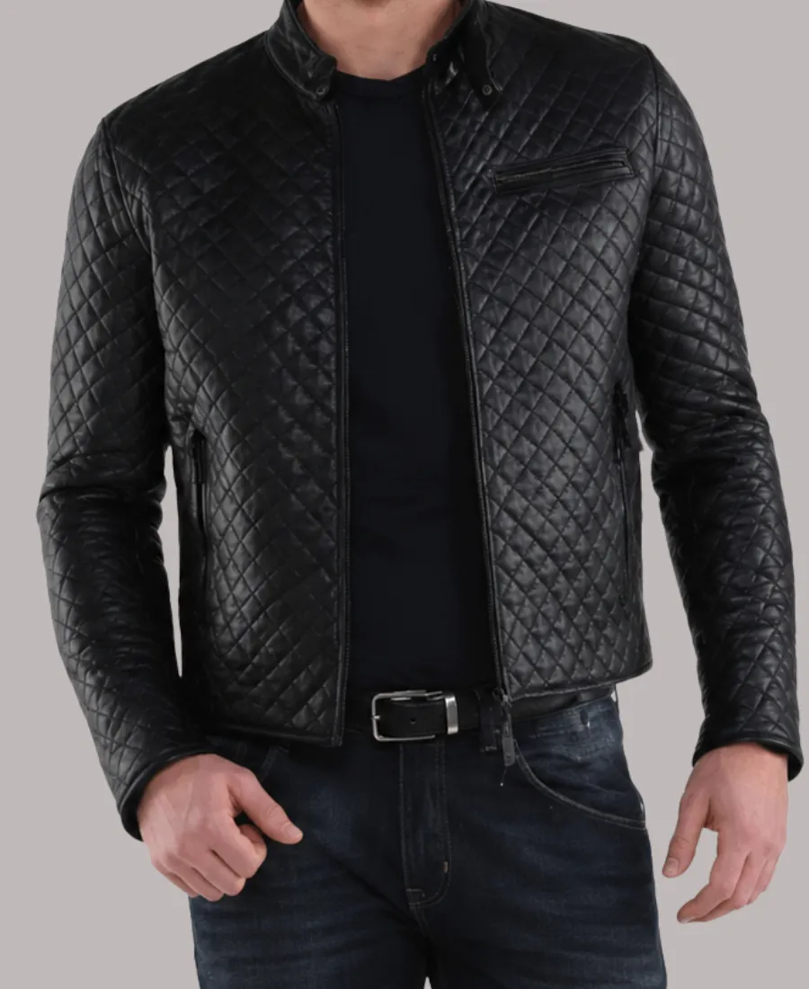 Men's Quilted Black Snap Collar Leather Jacket Quilted Black Snap Collar Leather Jacket