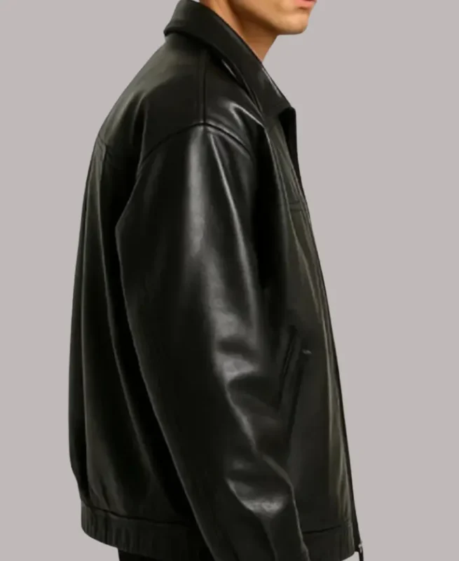 Men’s Classic Shirt Style Black Leather Zip-Up Jacket