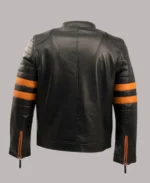 Men'sOrange Striped Stand Collar Cafe Racer Black Leather Jacket