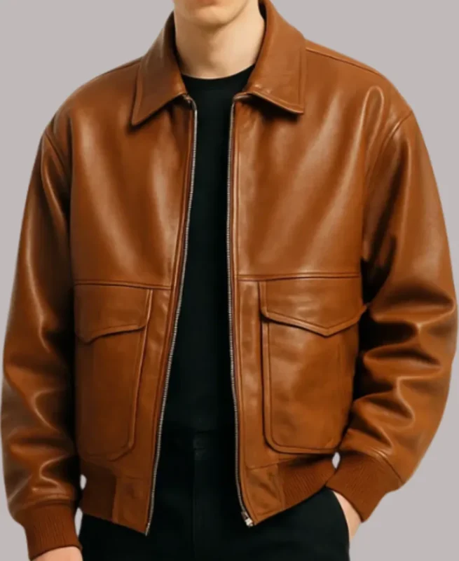 Oversized Brown Bomber Leather Jacket