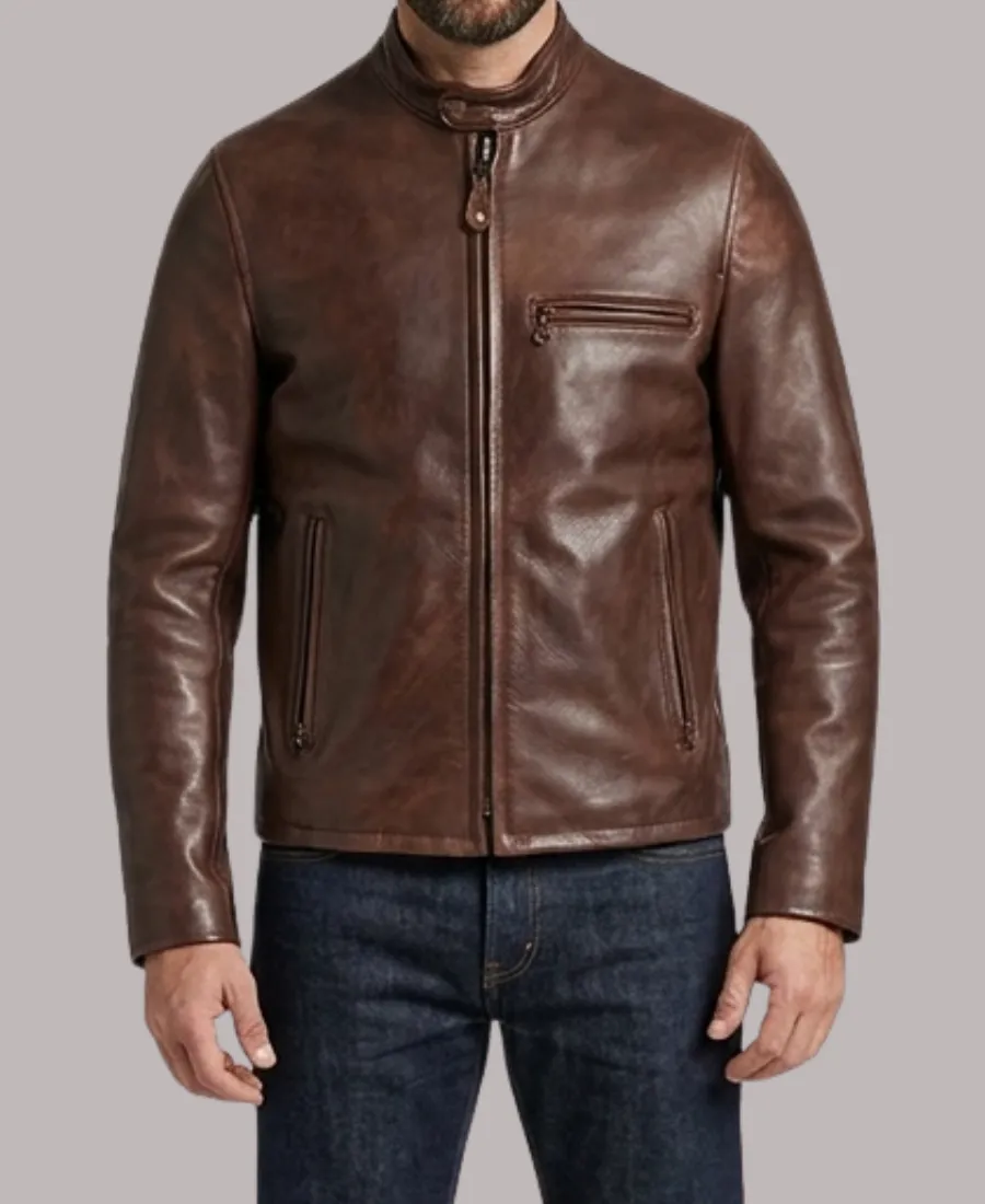 Men's Waxed Pebbled Cafe Racer Brown Leather Biker Jacket Waxed Pebbled Cafe Racer Brown Leather Biker Jacket