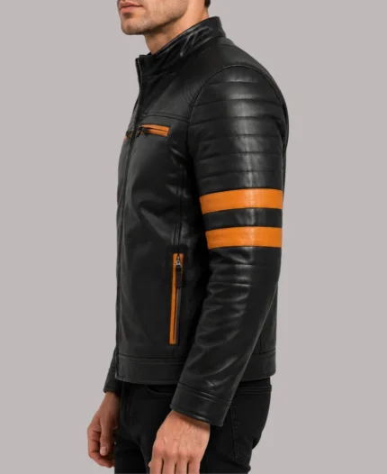 Orange Striped Stand Collar Cafe Racer Black Leather Biker Jacket