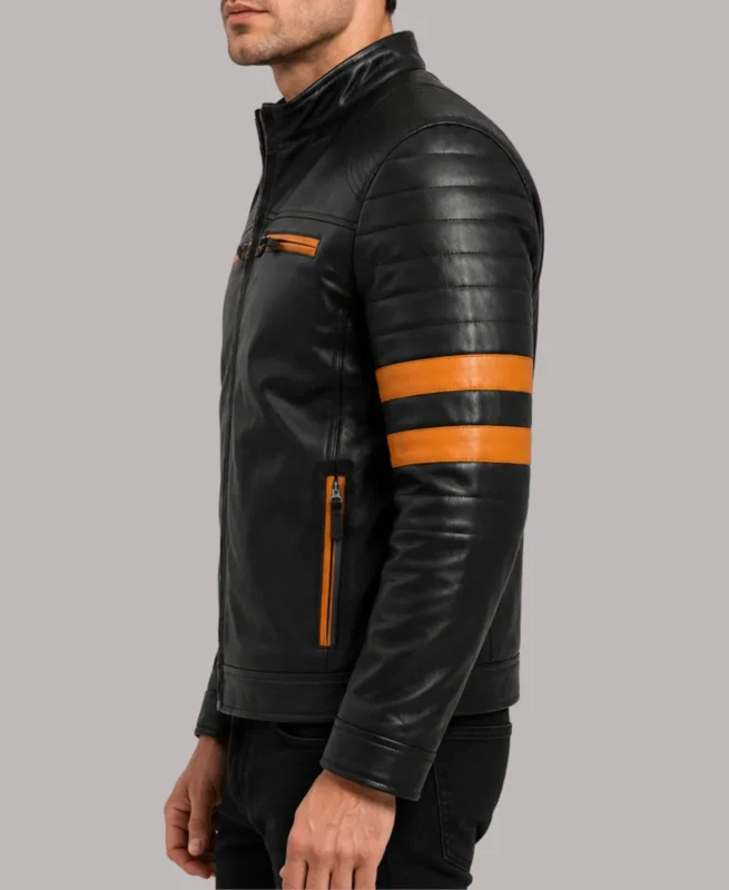 Orange Striped Stand Collar Cafe Racer Black Leather Biker Jacket