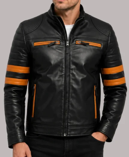 Orange Striped Cafe Racer Black Leather Biker Jacket