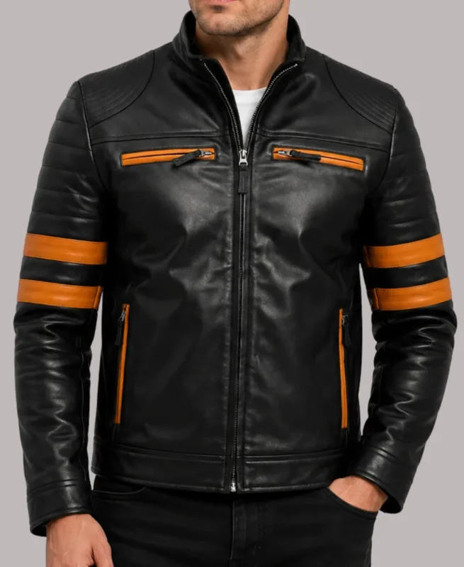 Orange Striped Cafe Racer Black Leather Biker Jacket