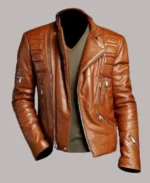 Men's Padded Slim Fit Brown Leather Motorcycle Jacket