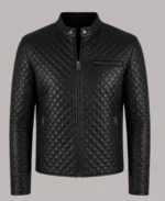 Men's Quilted Black Snap Collar Leather Jacket