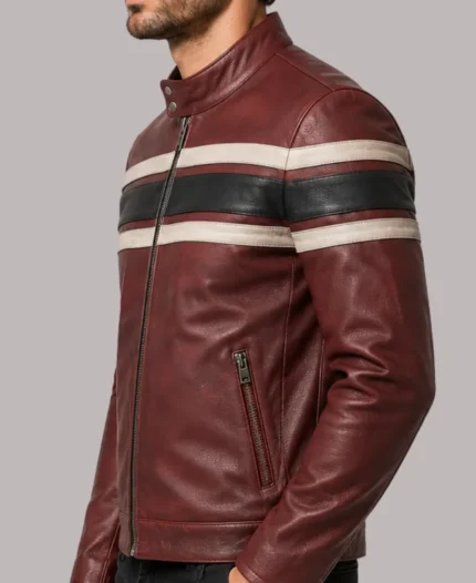 Retro Striped Red Waxed Vintage Leather Jacket