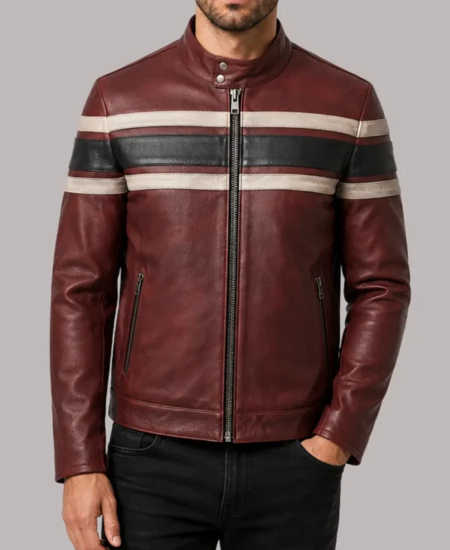 Men's Red Striped Vintage Cafe Racer Leather Jacket