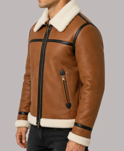 Classic Men's Shearling Brown Bomber Leather Jacket