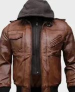 Brown Hooded Bomber Leather Jacket