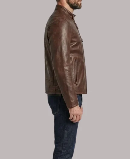 Men's Waxed Pebbled Cafe Racer Brown Leather Biker Jacket