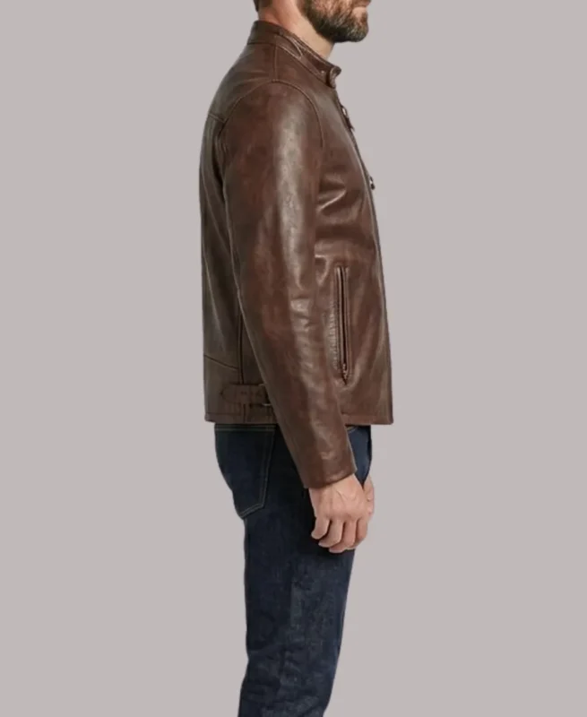 Men's Waxed Pebbled Cafe Racer Brown Leather Biker Jacket