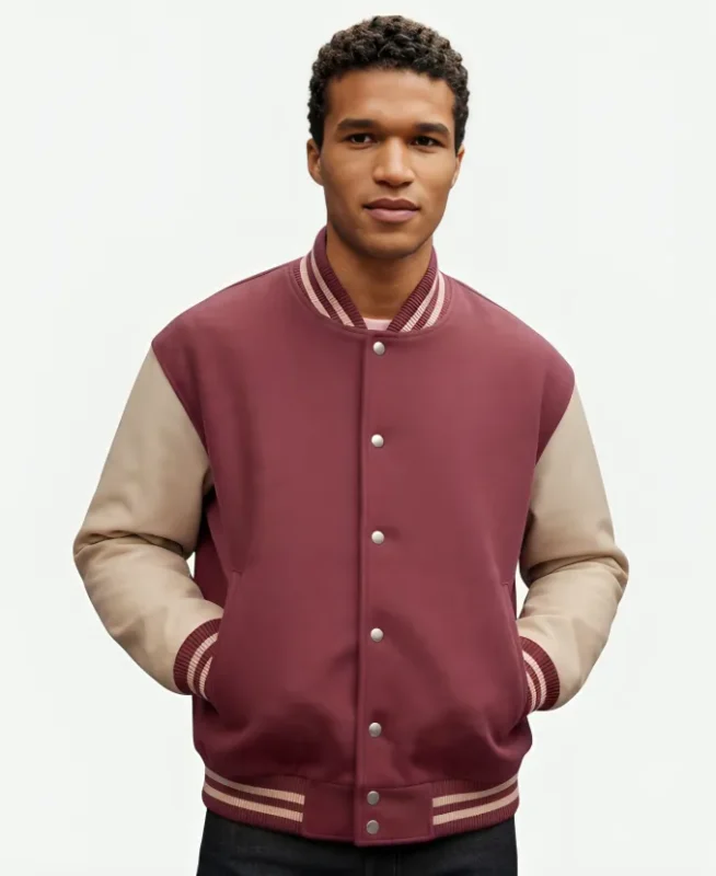 Maroon Varsity Jacket with Cream Leather Sleeves – Popular Jacket