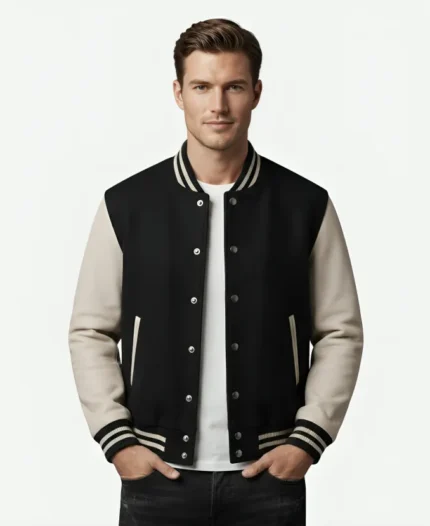 Black Varsity Jacket with White Leather Sleeves – Popular Jacket