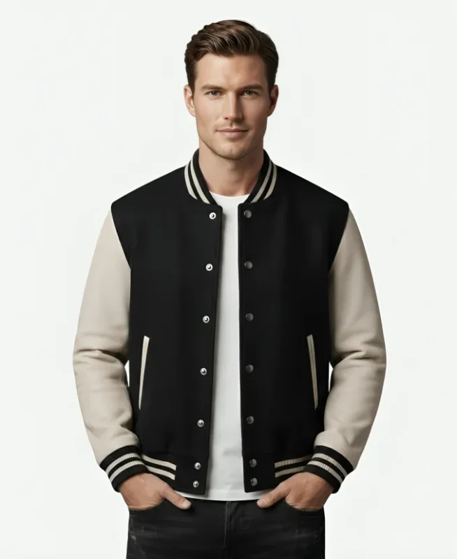 Black Varsity Jacket with White Leather Sleeves – Popular Jacket